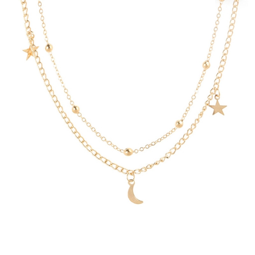 2 Layer Star and Moon Necklace Gold - Picture 2 of 8